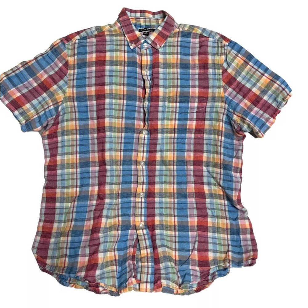 Club Room Shirt Mens XL Linen Cotton Rainbow Stripe Short Sleeve Button Down